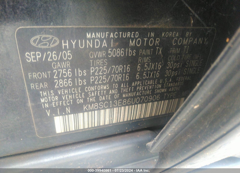 2006 HYUNDAI SANTA FE GLS/LIMITED VIN: KM8SC13E86U070906