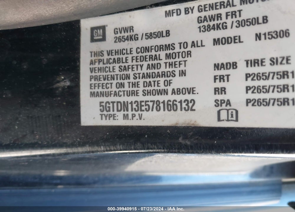 2007 HUMMER H3 SUV VIN: 5GTDN13E578166132