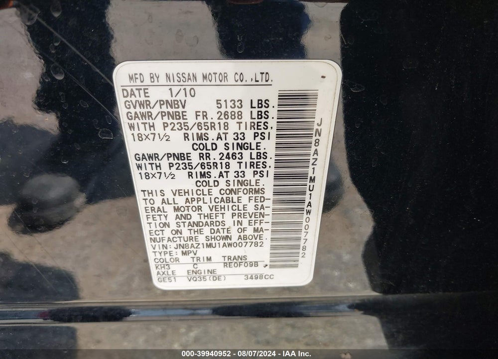 2010 NISSAN MURANO SL VIN: JN8AZ1MU1AW007782