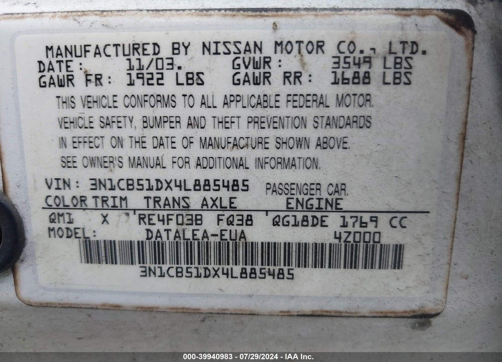 2004 NISSAN SENTRA 1.8S VIN: 3N1CB51DX4L885485
