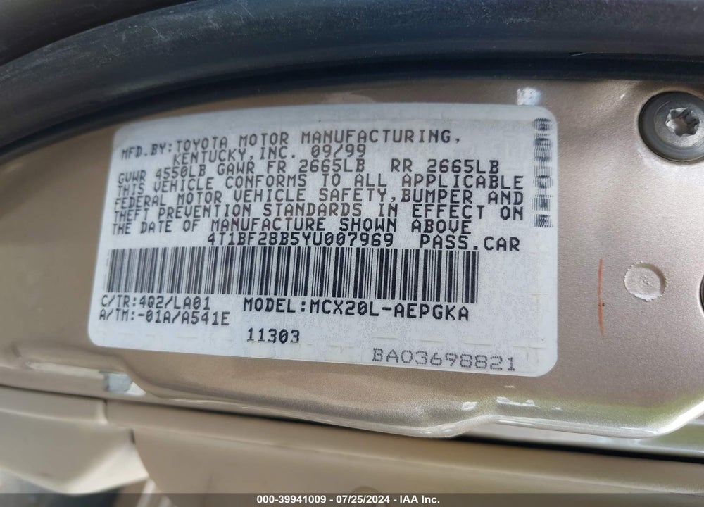 2000 TOYOTA AVALON XLS VIN: 4T1BF28B5YU007969