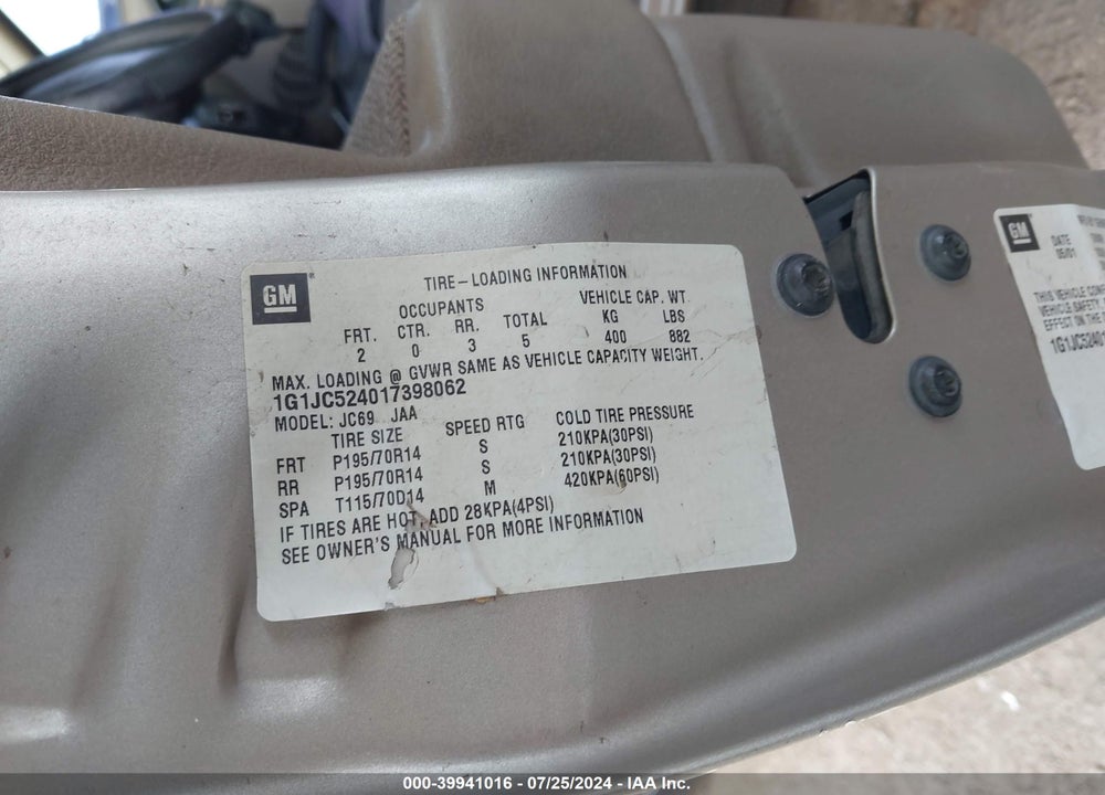 2001 CHEVROLET CAVALIER VIN: 1G1JC524017398062