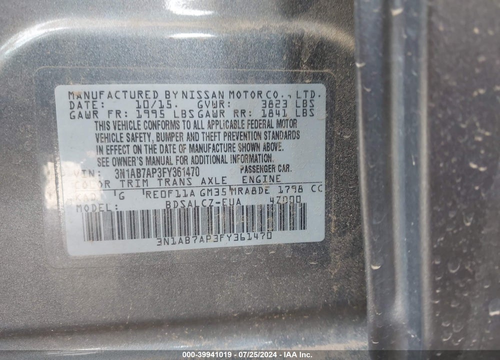2015 NISSAN SENTRA S VIN: 3N1AB7AP3FY361470
