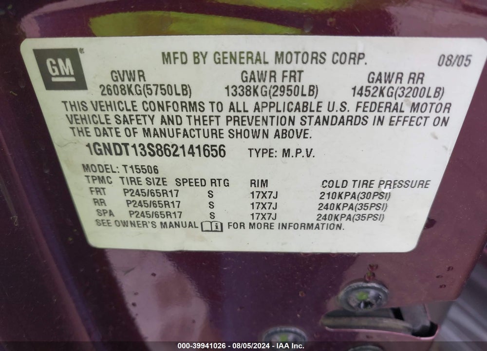 2006 CHEVROLET TRAILBLAZER LT VIN: 1GNDT13S862141656