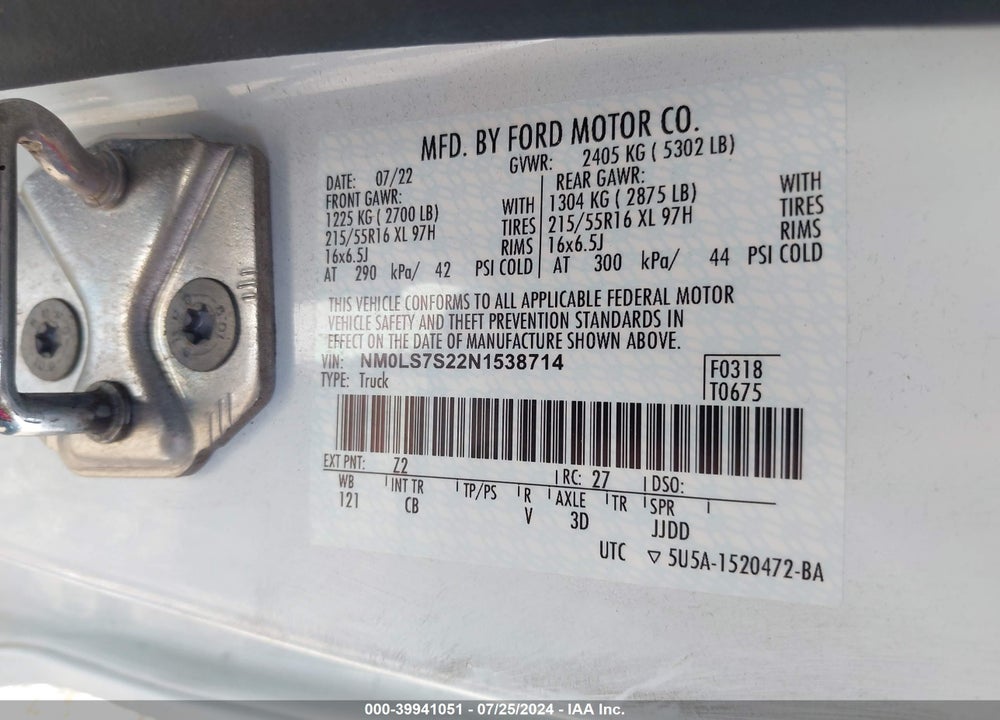 2022 FORD TRANSIT CONNECT XL VIN: NM0LS7S22N1538714