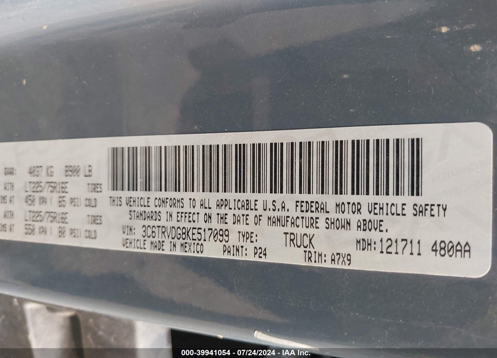2019 RAM PROMASTER 2500 HIGH ROOF 159 WB VIN: 3C6TRVDG8KE517099