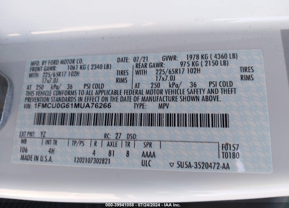 2021 FORD ESCAPE VIN: 1FMCU0G61MUA76266