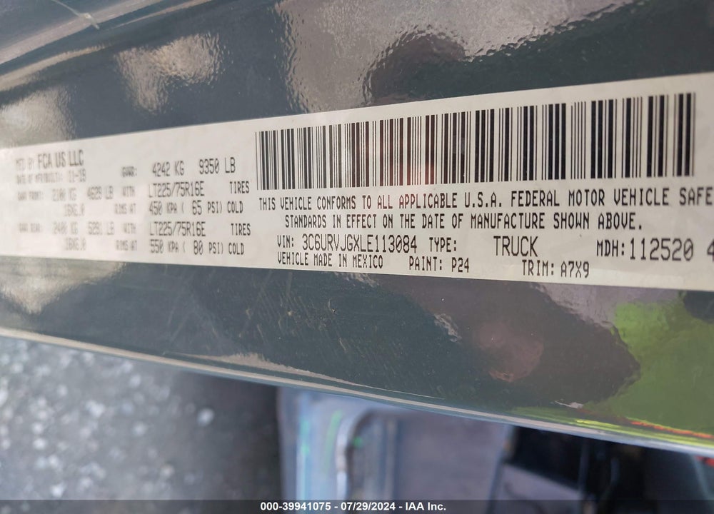 2020 RAM PROMASTER 3500 CARGO VAN HIGH ROOF 159 WB EXT VIN: 3C6URVJGXLE113084