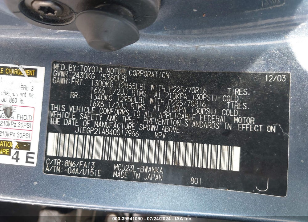 2004 TOYOTA HIGHLANDER LIMITED V6/V6 VIN: JTEGP21A840017966