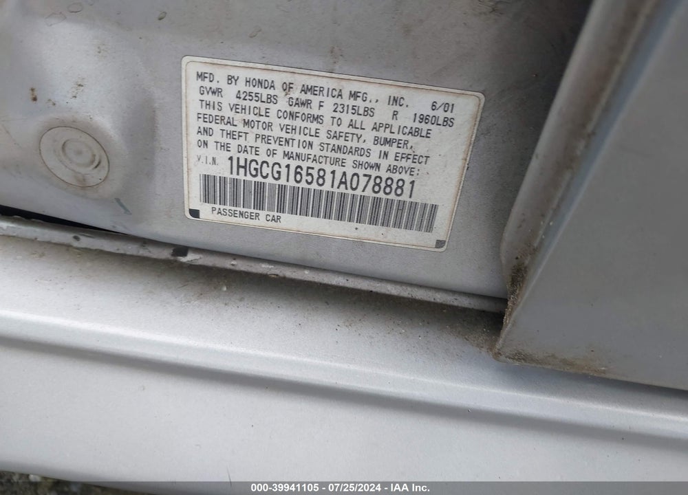 2001 HONDA ACCORD 3.0 EX VIN: 1HGCG16581A078881
