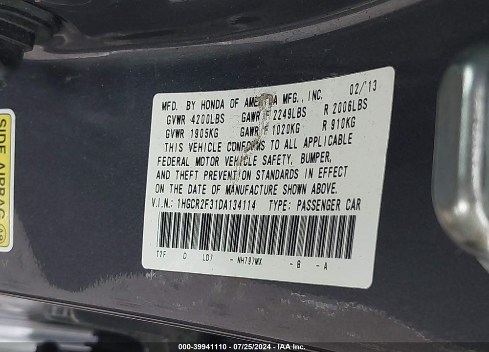 2013 HONDA ACCORD LX VIN: 1HGCR2F31DA134114