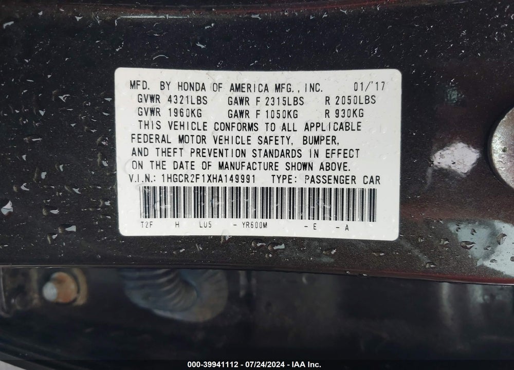 2017 HONDA ACCORD SPORT SE VIN: 1HGCR2F1XHA149991