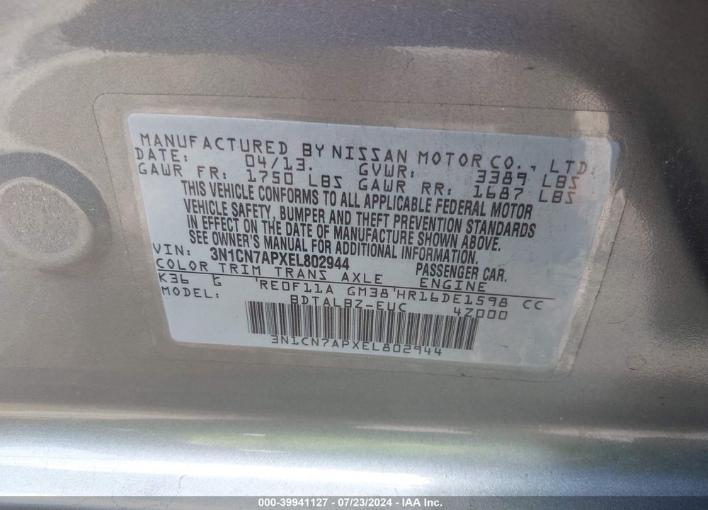 2014 NISSAN VERSA 1.6 SV VIN: 3N1CN7APXEL802944