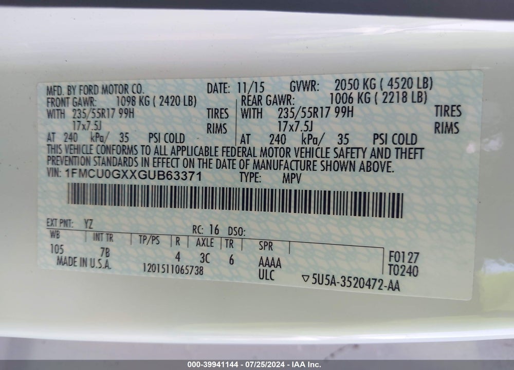 2016 FORD ESCAPE SE VIN: 1FMCU0GXXGUB63371