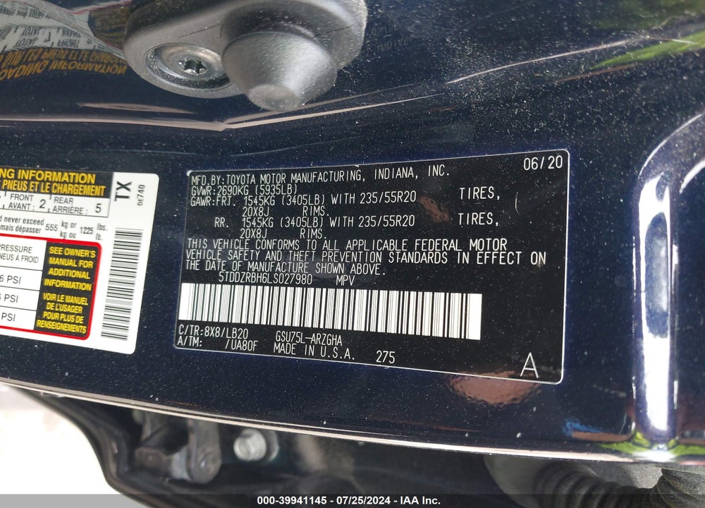 2020 TOYOTA HIGHLANDER LIMITED VIN: 5TDDZRBH6LS027980