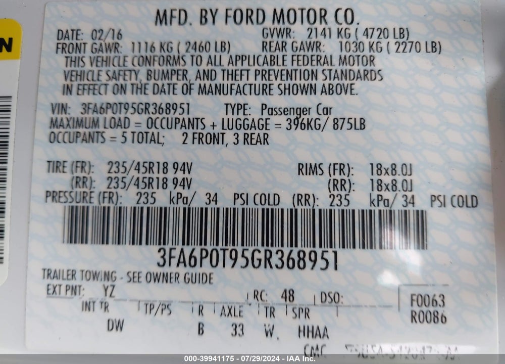 2016 FORD FUSION SE VIN: 3FA6P0T95GR368951