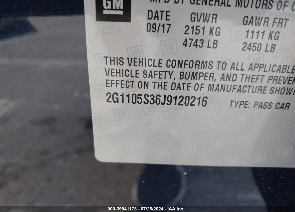 2018 CHEVROLET IMPALA 1LT VIN: 2G1105S36J9120216