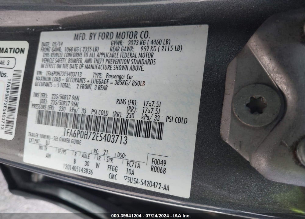 2014 FORD FUSION SE VIN: 1FA6P0H72E5403713