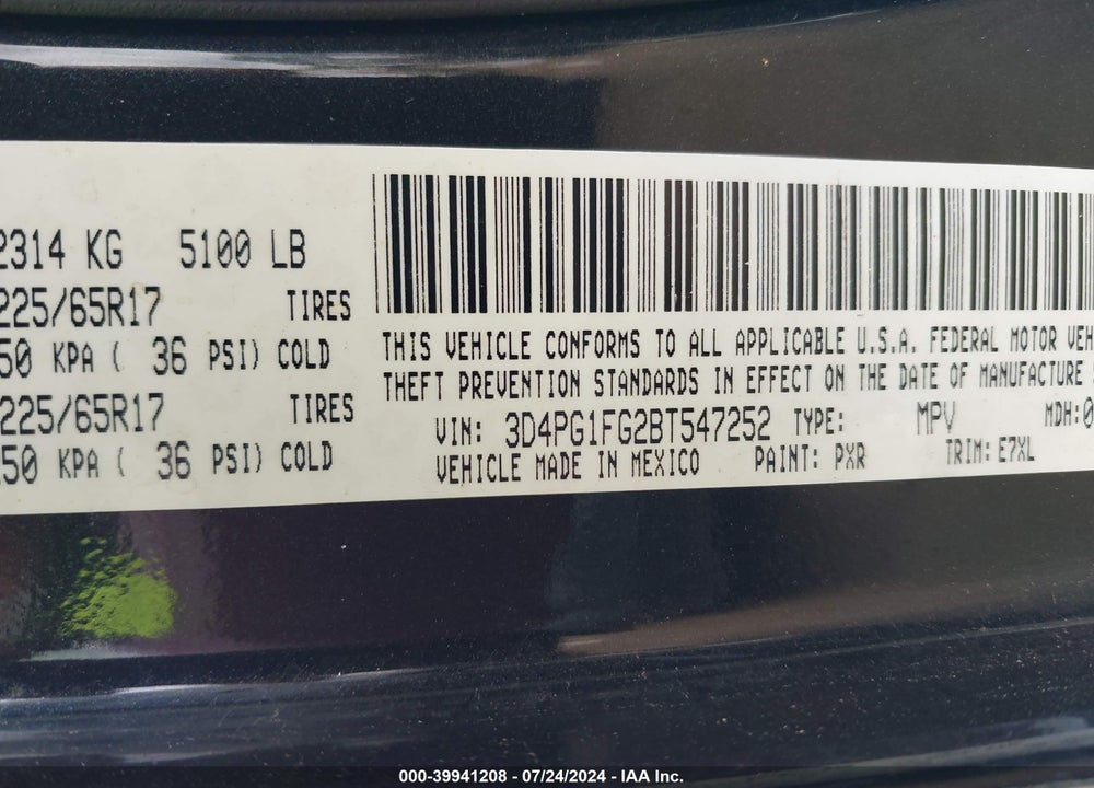 2011 DODGE JOURNEY MAINSTREET VIN: 3D4PG1FG2BT547252