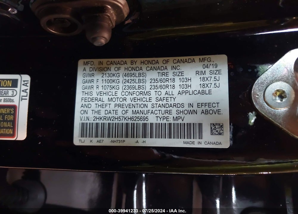 2019 HONDA CR-V EX VIN: 2HKRW2H57KH625695