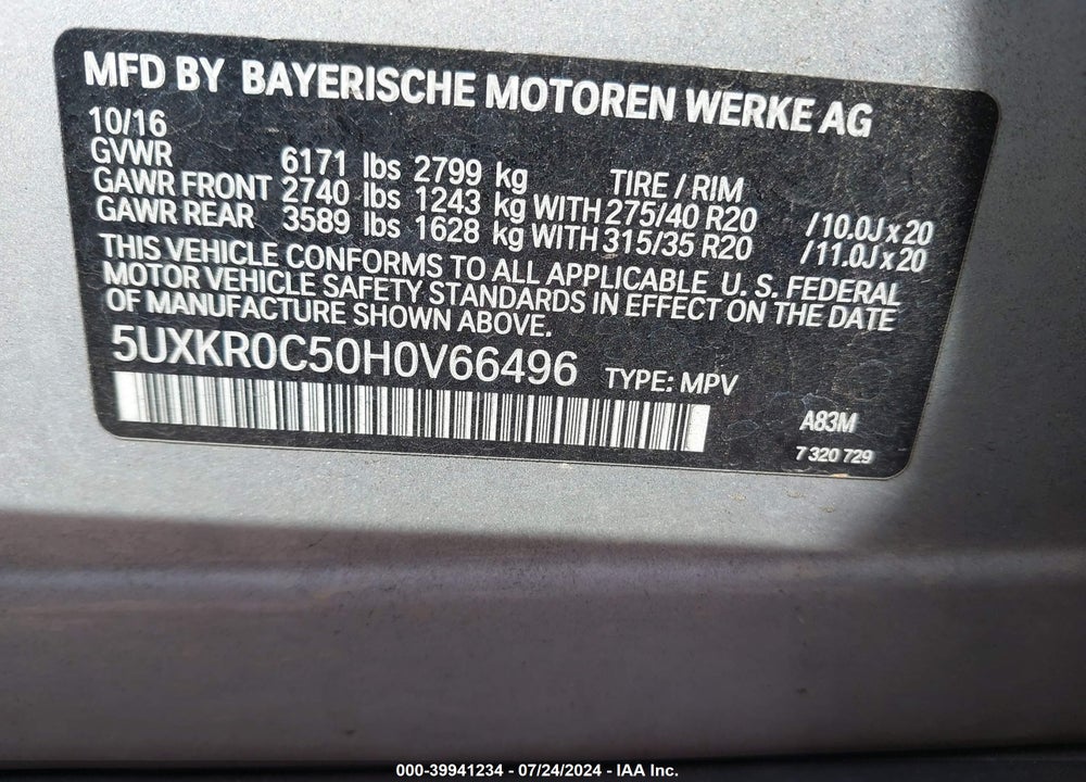 2017 BMW X5 XDRIVE35I VIN: 5UXKR0C50H0V66496