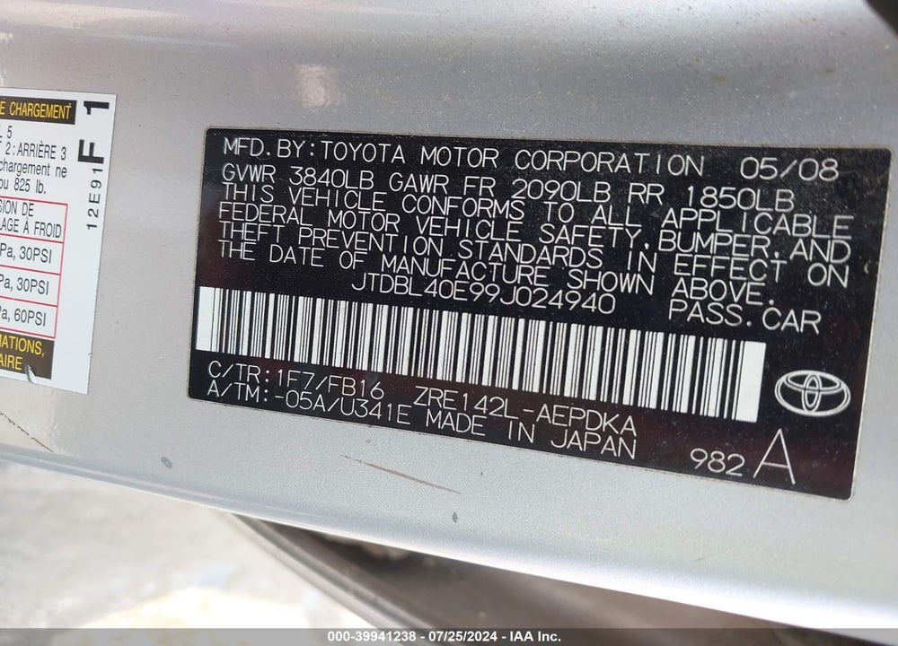 2009 TOYOTA COROLLA LE VIN: JTDBL40E99J024940