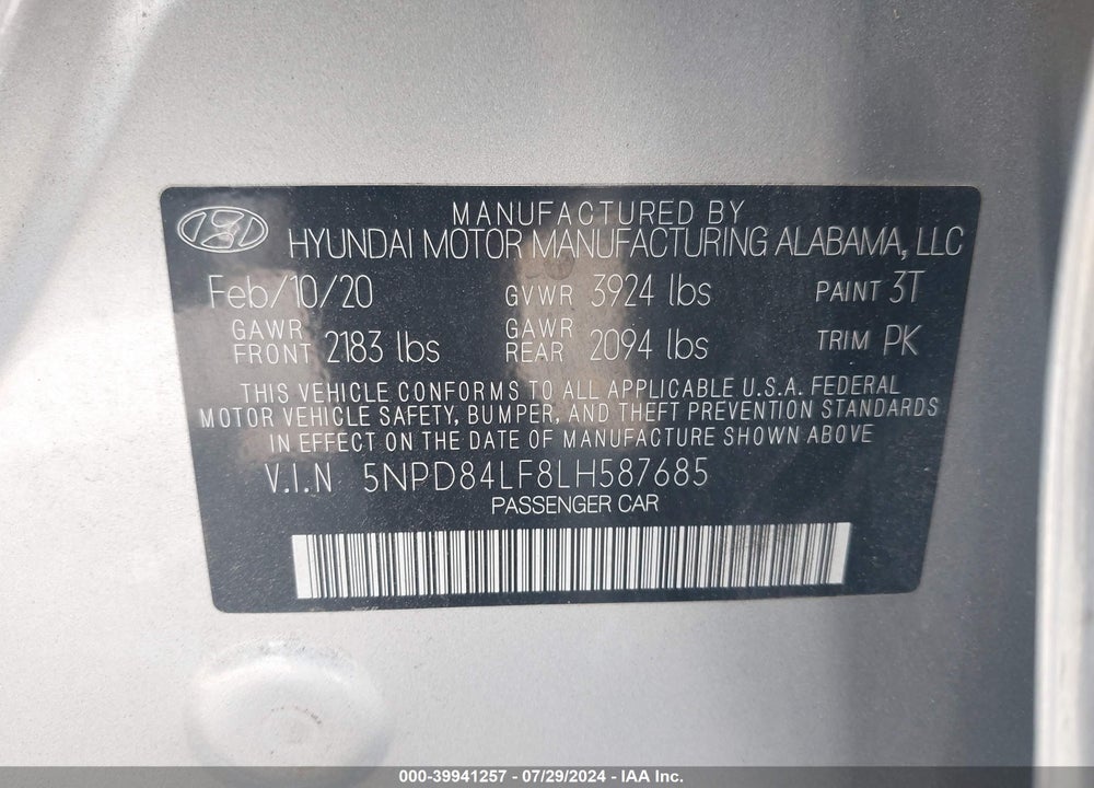 2020 HYUNDAI ELANTRA SEL VIN: 5NPD84LF8LH587685