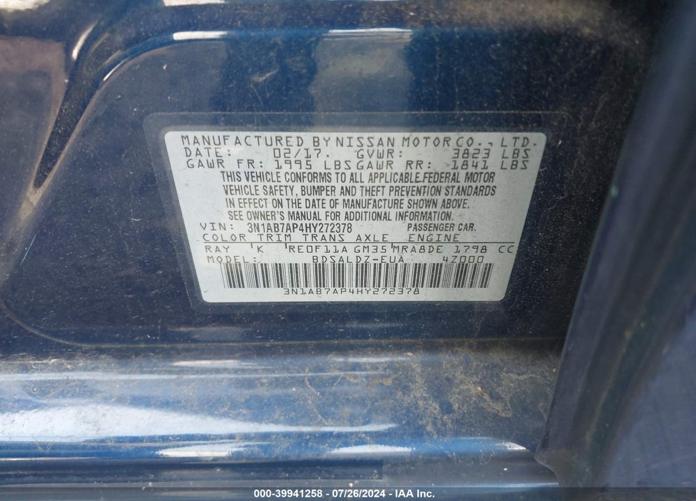 2017 NISSAN SENTRA SV VIN: 3N1AB7AP4HY272378