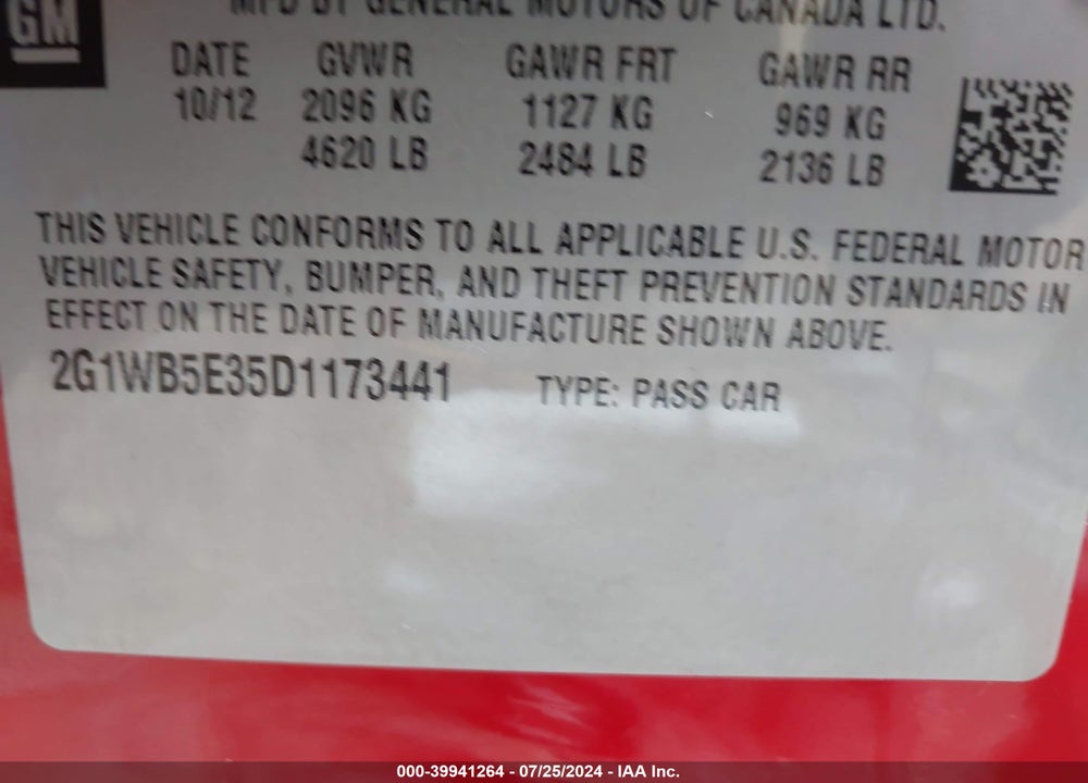 2013 CHEVROLET IMPALA LT VIN: 2G1WB5E35D1173441