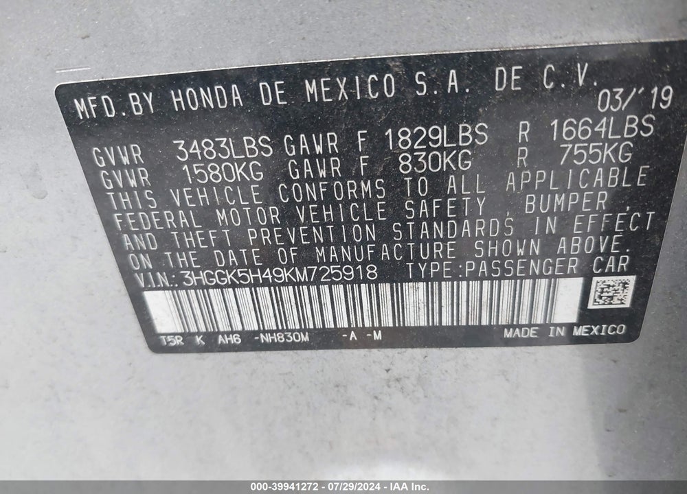 2019 HONDA FIT LX VIN: 3HGGK5H49KM725918