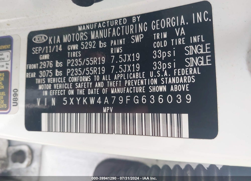 2015 KIA SORENTO SX V6 VIN: 5XYKW4A79FG636039