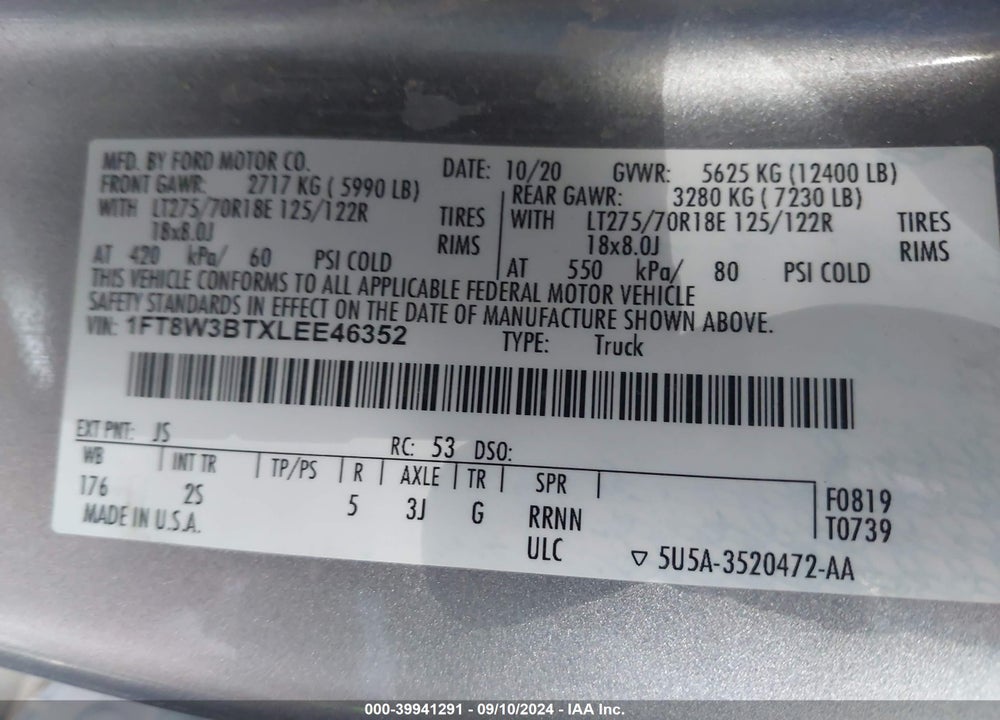 2020 FORD F-350 XLT VIN: 1FT8W3BTXLEE46352