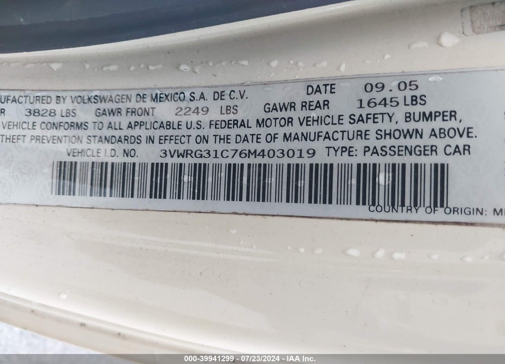 2006 VOLKSWAGEN NEW BEETLE 2.5 VIN: 3VWRG31C76M403019