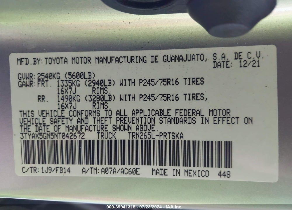 2022 TOYOTA TACOMA DOUBLE CAB/SR/SR5 VIN: 3TYAX5GN5NT042672