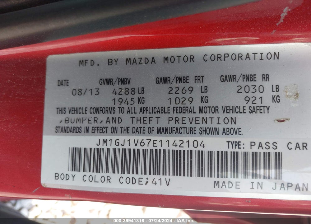 2014 MAZDA MAZDA6 VIN: JM1GJ1V67E1142104