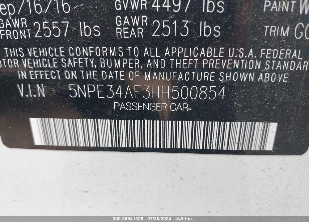 2017 HYUNDAI SONATA SPORT VIN: 5NPE34AF3HH500854