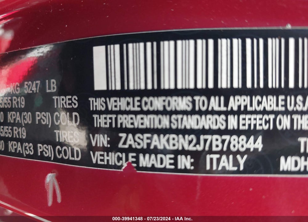 2018 ALFA ROMEO STELVIO TI VIN: ZASFAKBN2J7B78844
