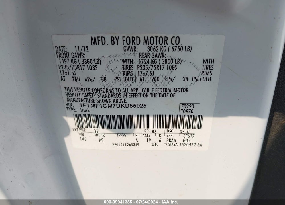 2013 FORD F-150 XL VIN: 1FTMF1CM7DKD55925