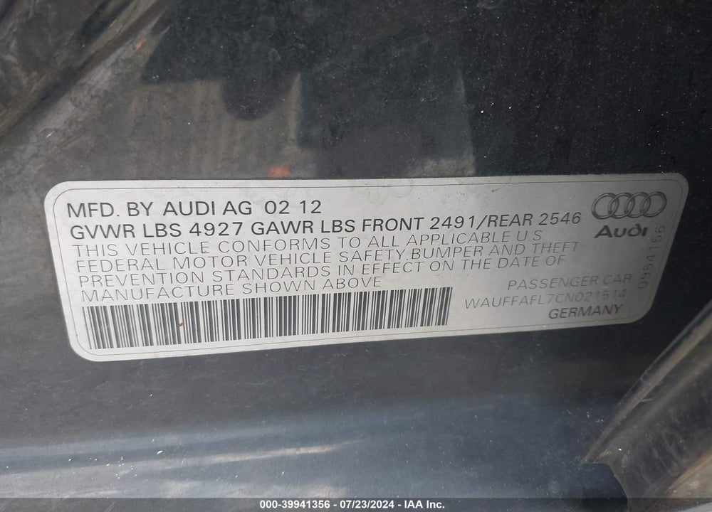 2012 AUDI A4 2.0T PREMIUM VIN: WAUFFAFL7CN021514