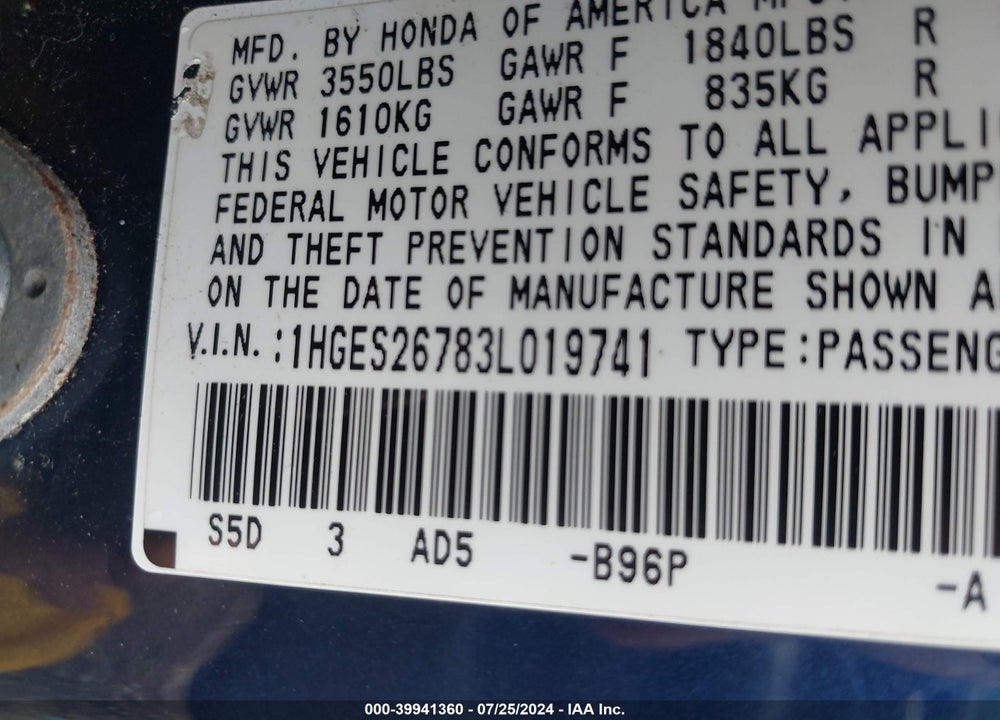2003 HONDA CIVIC EX VIN: 1HGES26783L019741