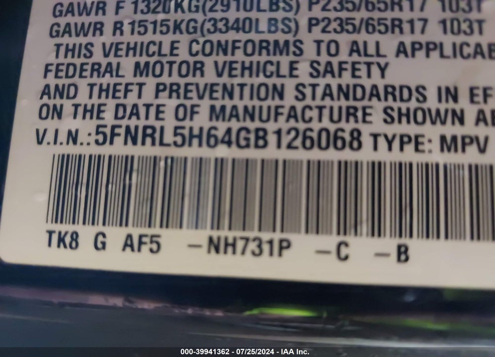 2016 HONDA ODYSSEY EX-L VIN: 5FNRL5H64GB126068