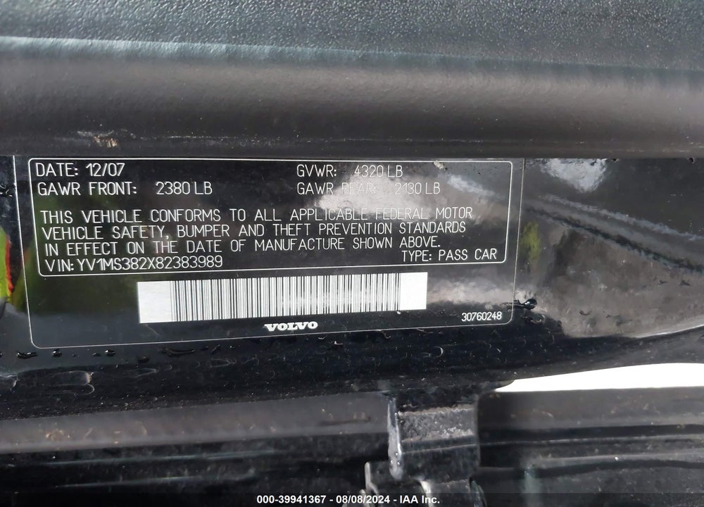 2008 VOLVO S40 2.4I VIN: YV1MS382X82383989