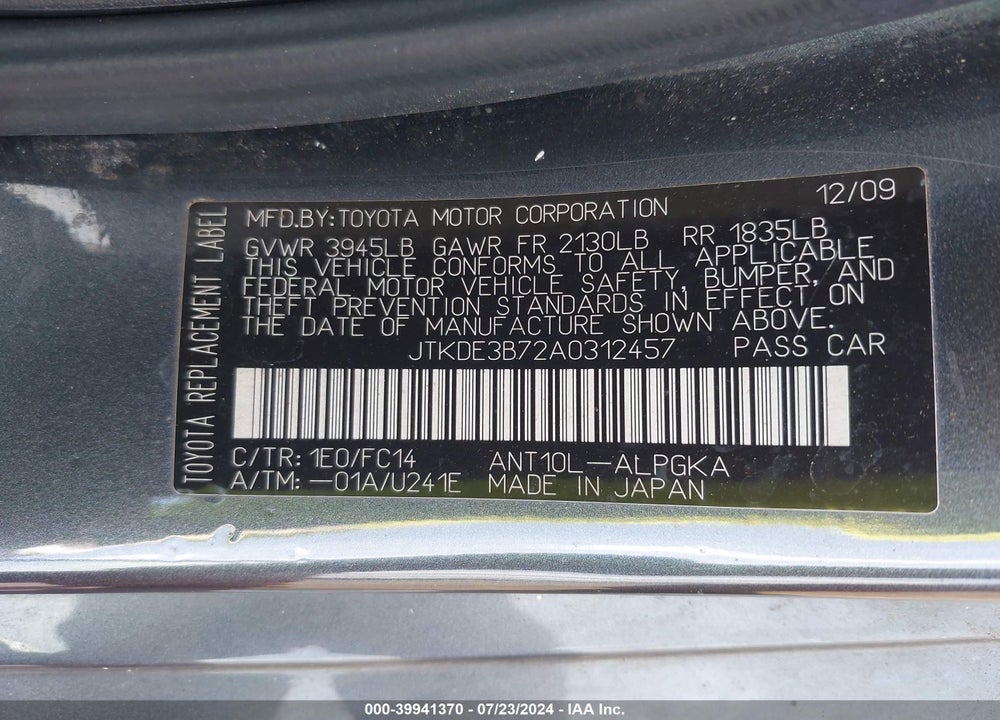 2010 SCION TC VIN: JTKDE3B72A0312457