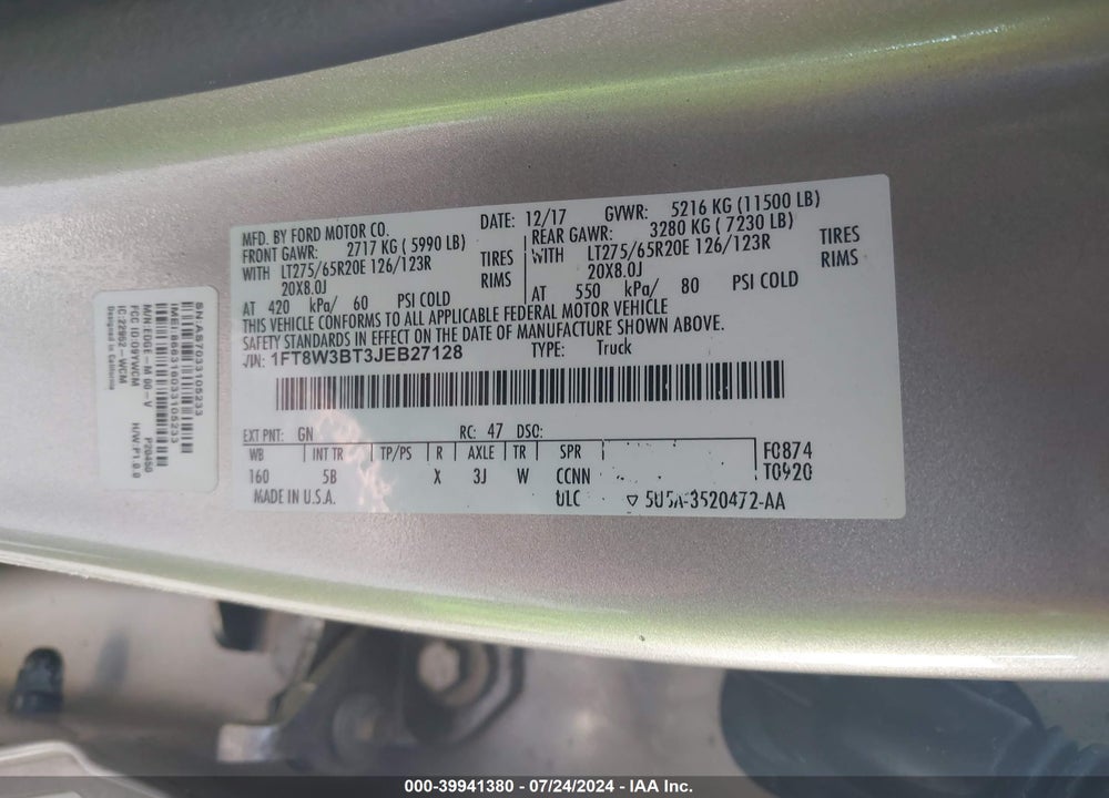 2018 FORD F-350 LARIAT VIN: 1FT8W3BT3JEB27128