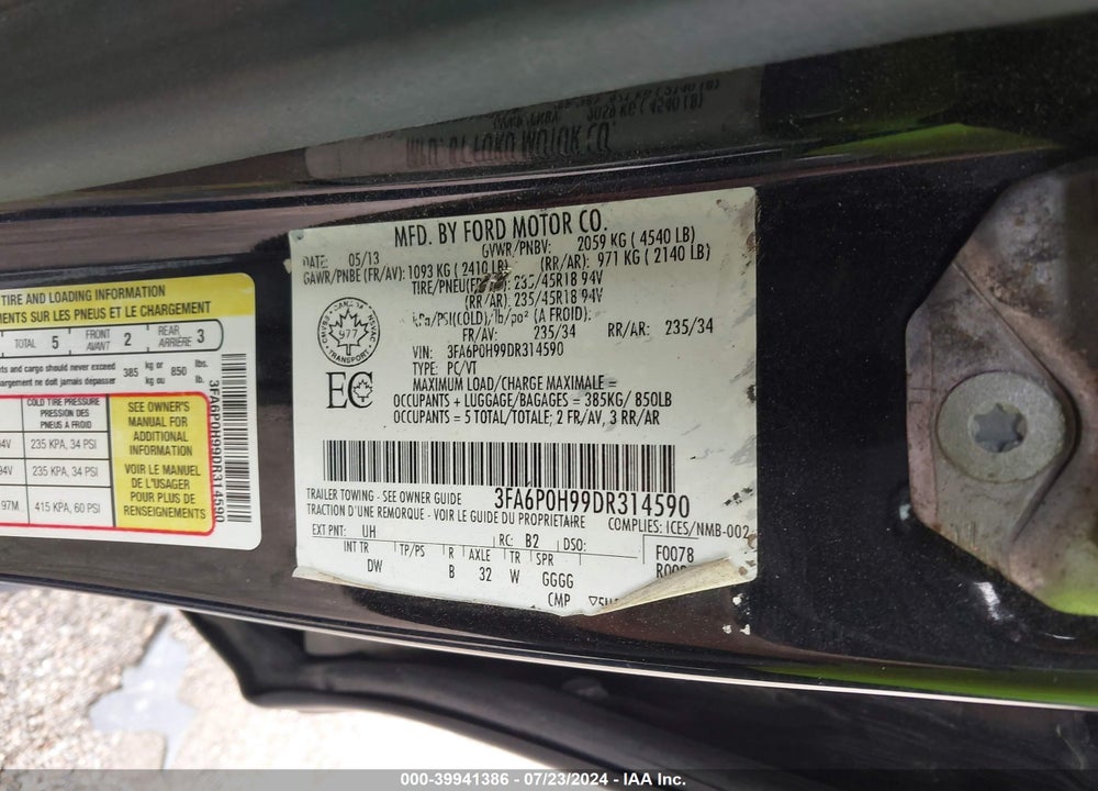 2013 FORD FUSION SE VIN: 3FA6P0H99DR314590