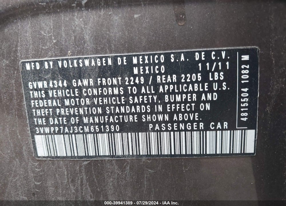 2012 VOLKSWAGEN JETTA SPORTWAGEN 2.5L SE VIN: 3VWPP7AJ3CM651390