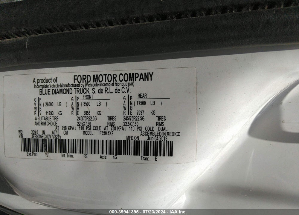 2013 FORD F-650 VIN: 3FRNX6FCXDV778215