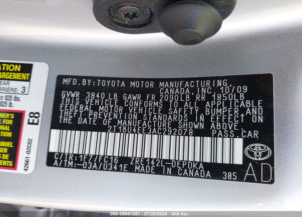 2010 TOYOTA COROLLA LE VIN: 2T1BU4EE3AC292078