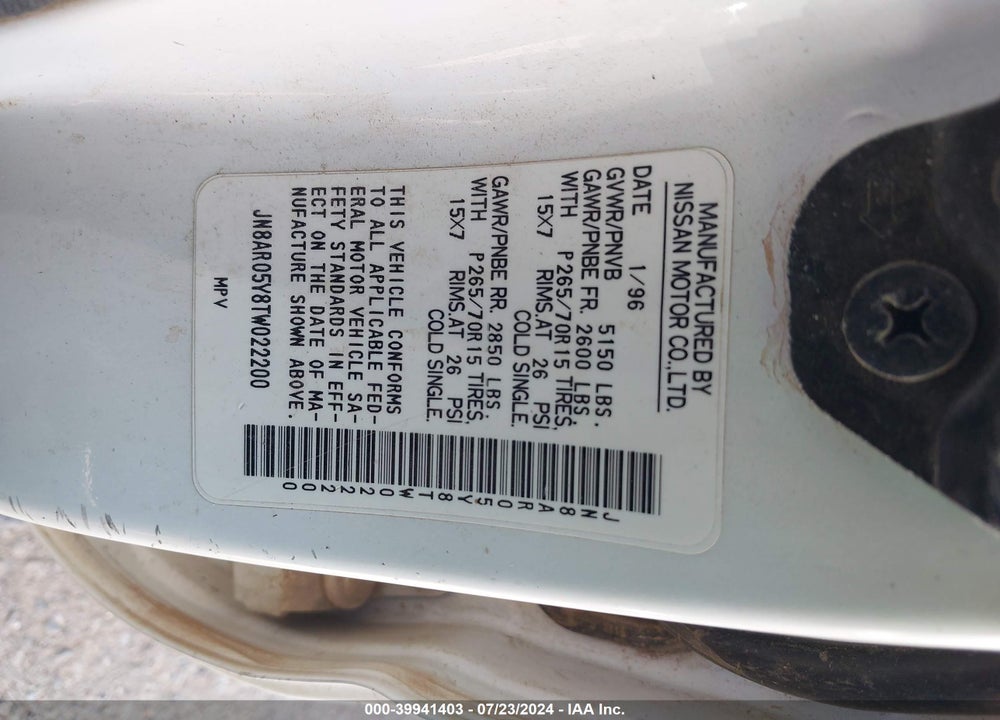 1996 NISSAN PATHFINDER LE/SE/XE VIN: JN8AR05Y8TW022200