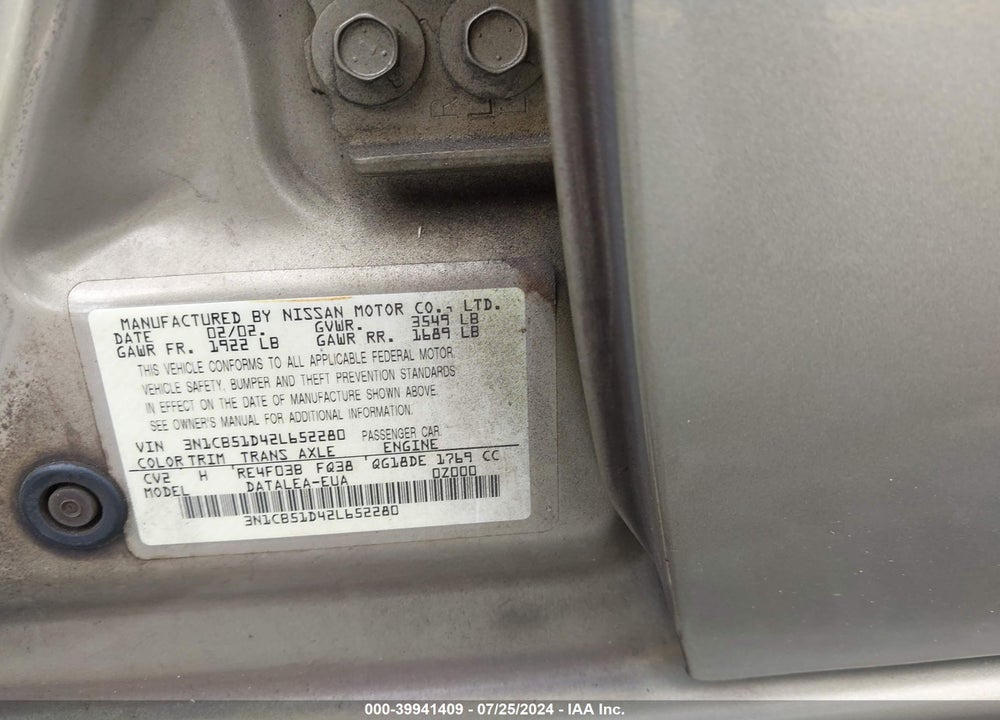 2002 NISSAN SENTRA GXE VIN: 3N1CB51D42L652280